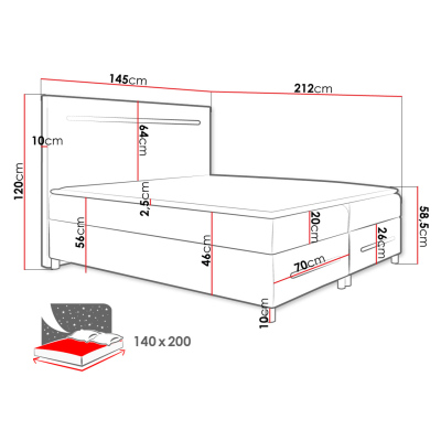 Boxspringová manželská postel 180x200 MARIELA - černá ekokůže + topper a LED osvětlení ZDARMA