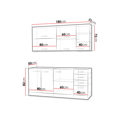 Paneláková kuchyň 180/180 cm GENJI 3 - lesklá bílá / šedá + LED, pracovní deska a dřez ZDARMA