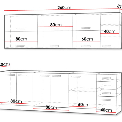 Kuchyňská linka 260/260 cm GENJI 4 - lesklá bílá / šedá + LED, pracovní deska a příborník ZDARMA