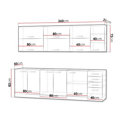 Kuchyňská linka 260/260 cm GENJI 4 - lesklá bílá / šedá + LED, pracovní deska a příborník ZDARMA