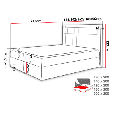 Americká dvoulůžková postel 200x200 RODRIGO - modrá + topper a LED osvětlení ZDARMA