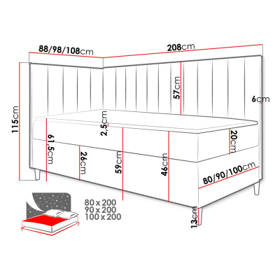 Boxspringová jednolůžková postel 80x200 ROCIO 3 - bílá ekokůže / žlutá, levé provedení + topper ZDARMA