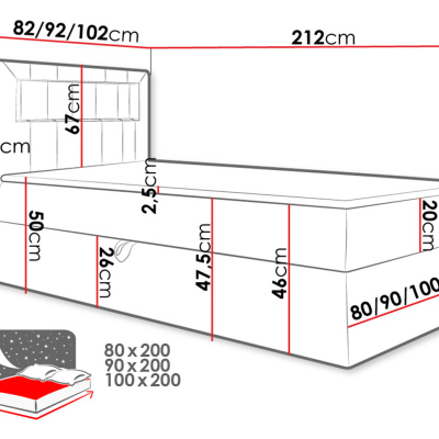 Kontinentální jednolůžková postel 90x200 RAMIRA 1 - bílá ekokůže / hnědá 1, levé provedení + topper ZDARMA