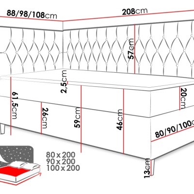 Boxspringová jednolůžková postel 80x200 PORFIRO 3 - bílá ekokůže / červená, levé provedení + topper ZDARMA