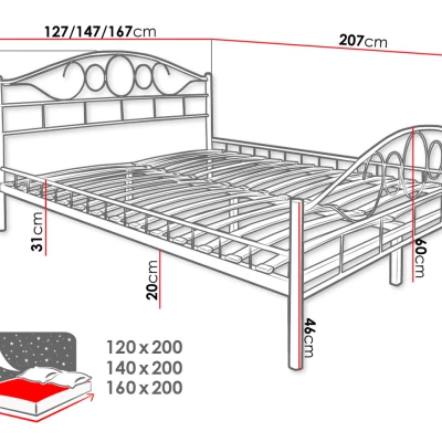 Kovová manželská postel 140x200 TEJANO - bílá