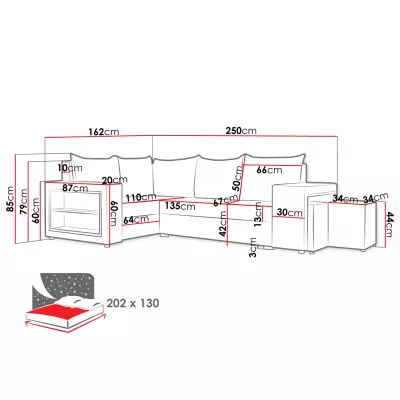 Rohová rozkládací sedačka RODERIGA - černá / červená, levý roh + 2x taburet ZDARMA