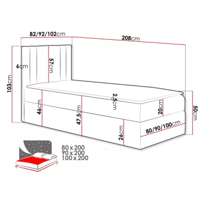 Americká jednolůžková postel 90x200 VITORIA MINI - červená, pravé provedení + topper ZDARMA