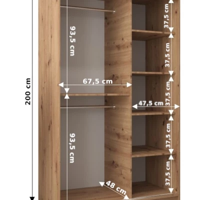 Šatní skříň se zrcadlem KIRA - šířka 120 cm, dub sonoma