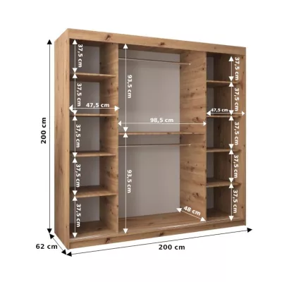 Šatní skříň se zrcadlem SOFIA - šířka 200 cm, dub artisan