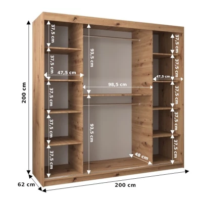 Šatní skříň se zrcadlem SOFIA - šířka 200 cm, dub artisan / černá