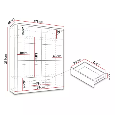 Prostorná skříň BESS - šířka 178 cm, jasan tmavý