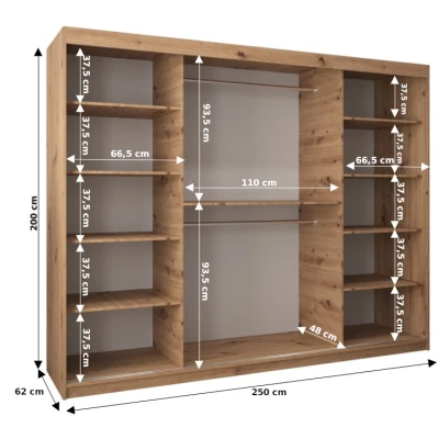 Šatní skříň ROZALIE - šířka 250 cm, dub artisan