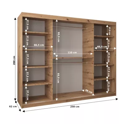 Šatní skříň ROZALIE - šířka 250 cm, dub artisan