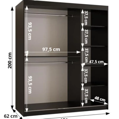 Skříň se zrcadlem MADELEIN 3 - šířka 150 cm, černá + ořech