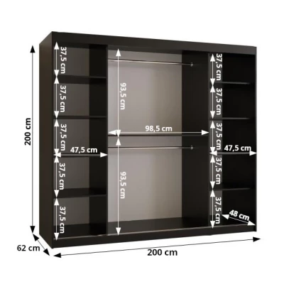 Šatní skříň se zrcadlem RADKIN 2 - šířka 200 cm, černá / bílá