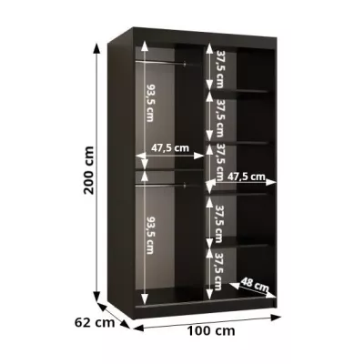 Šatní skříň se zrcadlem RADKIN 2 - šířka 100 cm, černá / bílá