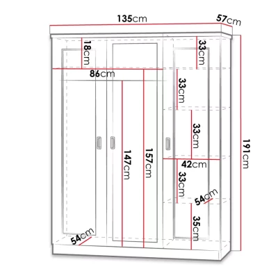 Šatní skříň se zrcadlem GIADA - šířka 135 cm, dub lefkas