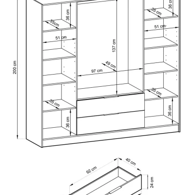 Čtyřdveřová skříň se zrcadlem MARFA - šířka 206 cm, dub artisan / černá