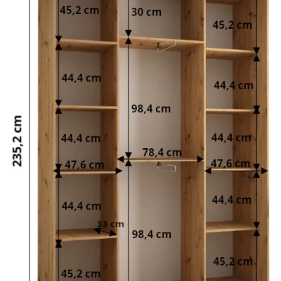 Šatní skříň ASIRI 7 - 180/45 cm, dub artisan / černá / stříbrná