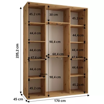 Šatní skříň ASIRI 7 - 170/45 cm, dub artisan / černá / stříbrná