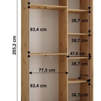 Šatní skříň YVONA 1 - 130/45 cm, černá / dub artisan / stříbrná