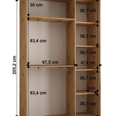 Šatní skříň YVONA 1 - 150/45 cm, dub artisan / černá / stříbrná