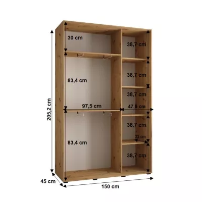 Šatní skříň YVONA 1 - 150/45 cm, dub artisan / černá / stříbrná