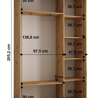 Šatní skříň YVONA 1 - 150/45 cm, dub artisan / černá / stříbrná