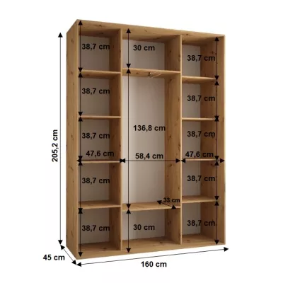 Šatní skříň YVONA 1 - 160/45 cm, dub artisan / černá / stříbrná