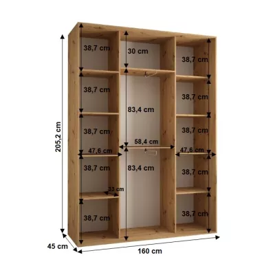 Šatní skříň YVONA 1 - 160/45 cm, dub artisan / černá / stříbrná