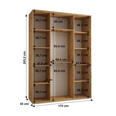 Šatní skříň YVONA 1 - 170/45 cm, dub artisan / černá / stříbrná