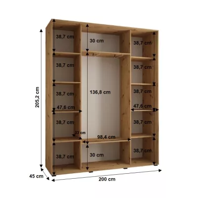 Šatní skříň YVONA 1 - 200/45 cm, dub artisan / stříbrná