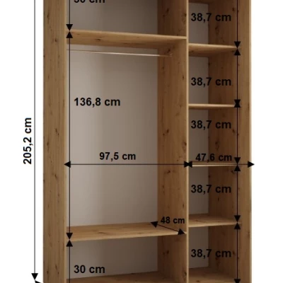 Šatní skříň YVONA 1 - 150/60 cm, dub artisan / černá / stříbrná