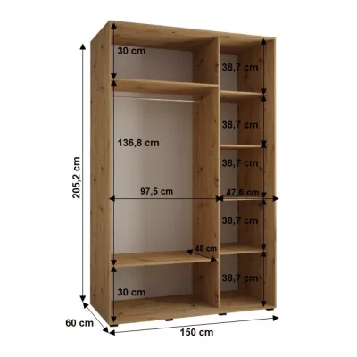 Šatní skříň YVONA 1 - 150/60 cm, dub artisan / černá / černá