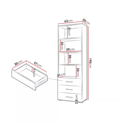Úzká knihovna se šuplíky BOERNE - bílá