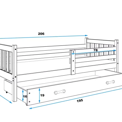 Dětská postel 90x200 CHARIS s matrací - bílá / modrá