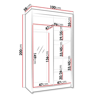 Úzká šatní skříň 100 cm se zrcadlem SINTON - bílá / černá