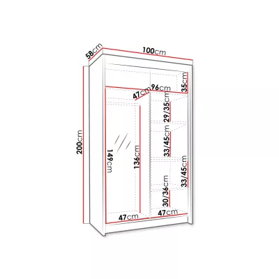 Úzká šatní skříň 100 cm se zrcadlem SINTON - bílá / černá