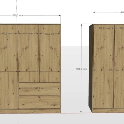 Šatní skříň se šuplíky 147 cm SHERMAN - dub artisan / antracitová