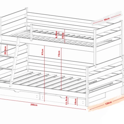 Dětská patrová postel se šuplíky 90/120x200 MERLIN - borovice