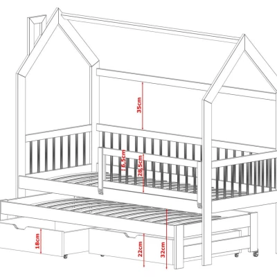 Dětská domečková postel 90x190 s přistýlkou HARIET - borovice