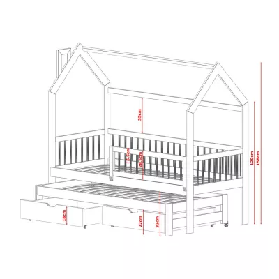 Dětská domečková postel 90x190 s přistýlkou HARIET - borovice