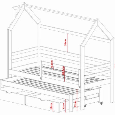 Dětská domečková postel 80x190 s přistýlkou a šuplíky EVADALE - bílá