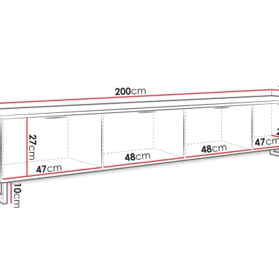 VÝPRODEJ - Široký TV stolek na nožkách OVERTON - 200 cm, bílý