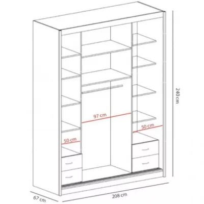 Šatní skříň 208 cm s posuvnými dveřmi se zrcadlem BERLINA 1 - dub sonoma