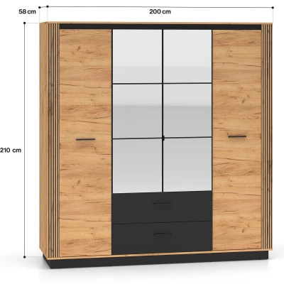 Čtyřdvéřová šatní skříň 200 cm MING - dub craft zlatý / černá