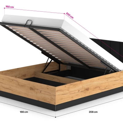 Manželská postel 160x200 MING s úložným prostorem - dub craft zlatý / černá