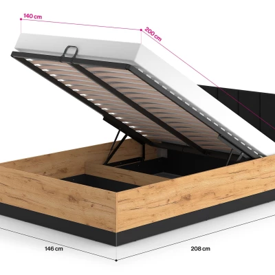 Manželská postel 140x200 MING s úložným prostorem - dub craft zlatý / černá