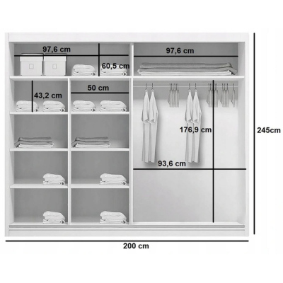 VÝPRODEJ - Zrcadlová šatní skříň FERNANDO, šířka 200 cm, výška 245 cm