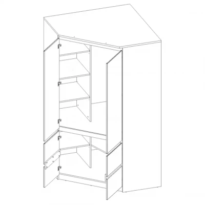 Rohová šatní skříň 121 cm BENGIE - alpská bílá / dub hikora